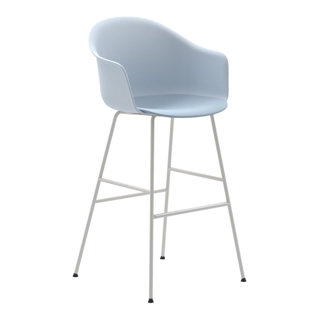 Light blue modern bar stool with a smooth, curved seat and white metal legs. Stylish and minimalistic design.