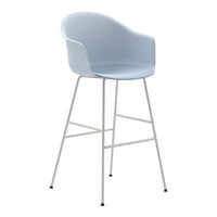 Light blue modern bar stool with a smooth, curved seat and white metal legs. Stylish and minimalistic design.