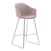 Light pink upholstered bar stool with a sleek chrome frame, featuring a smooth, minimalist design.