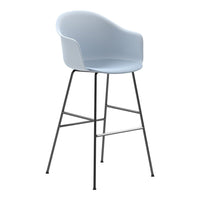 Light blue modern bar stool with sleek black metal legs and minimalist design.