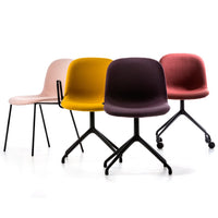 Four modern chairs in soft pink, vibrant yellow, deep purple, and rich red, featuring sleek black bases.