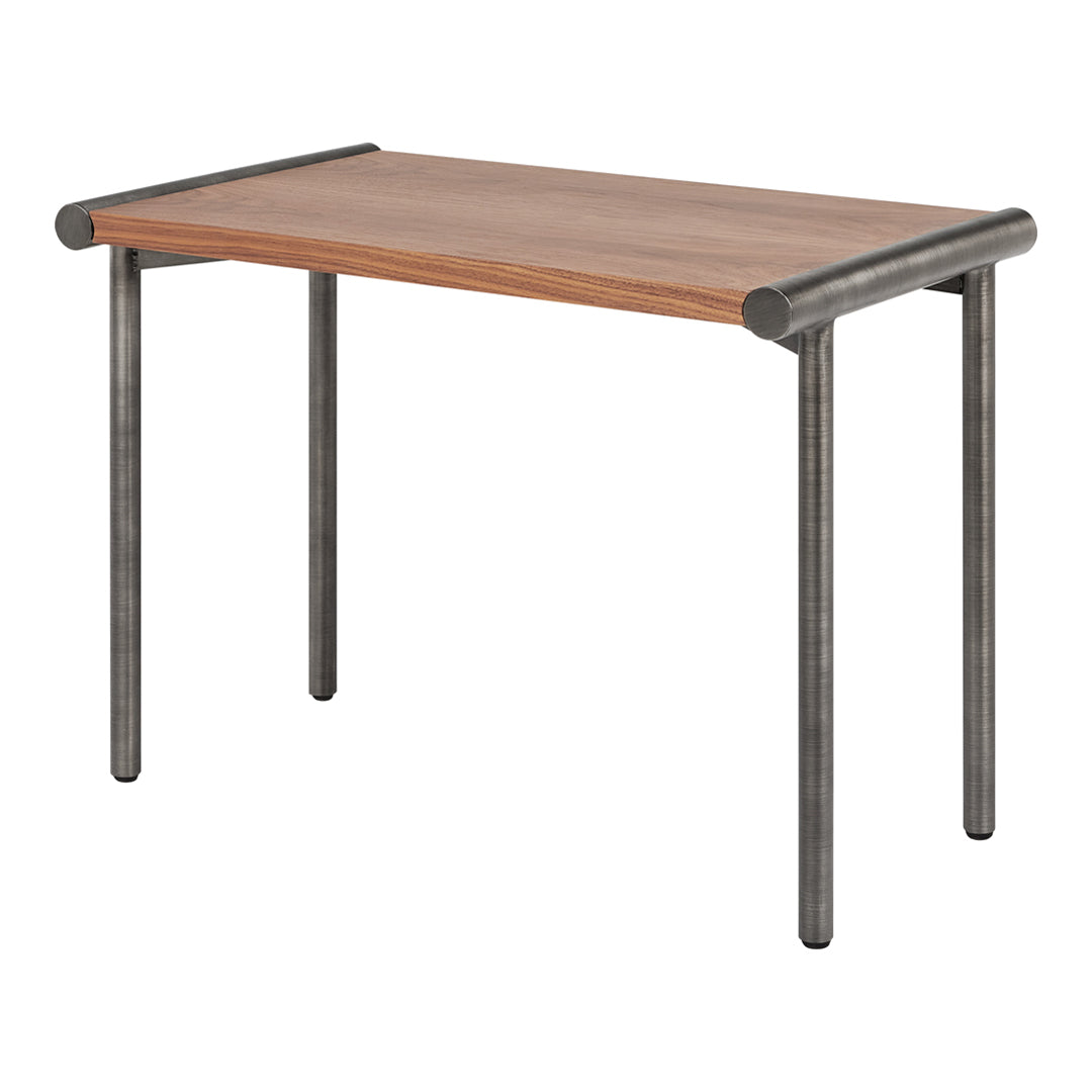 Wooden tabletop with a natural finish, paired with sleek gray metal legs for an industrial look.
