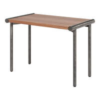 Wooden tabletop with a natural finish, paired with sleek gray metal legs for an industrial look.