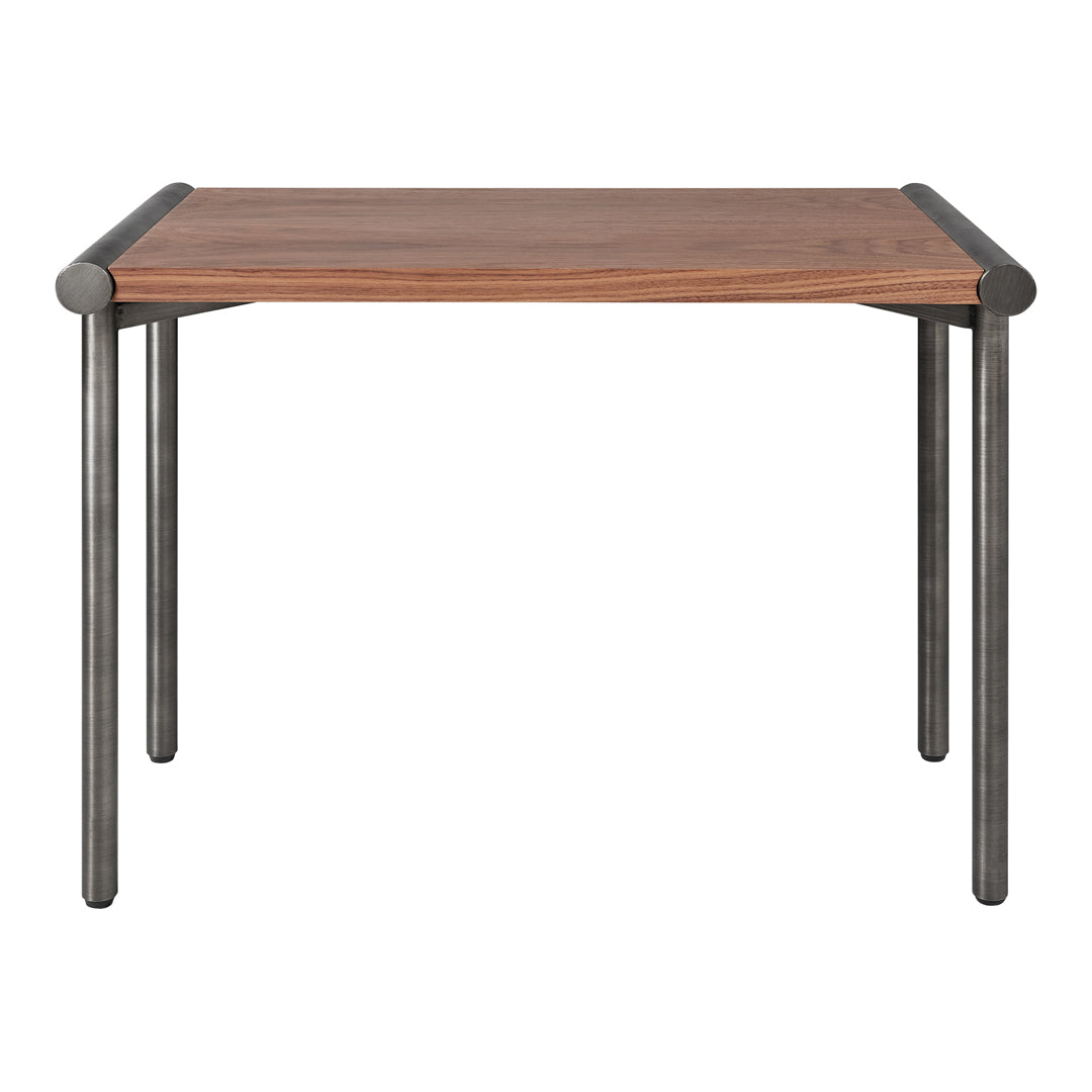 Wooden tabletop in rich brown with sleek black metal legs, featuring a minimalist design and clean lines.