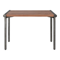 Wooden tabletop in rich brown with sleek black metal legs, featuring a minimalist design and clean lines.