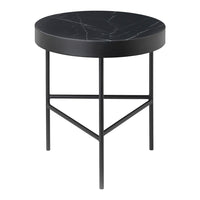 Black round side table with white marble pattern and sleek black metal legs. Perfect for modern decor.
