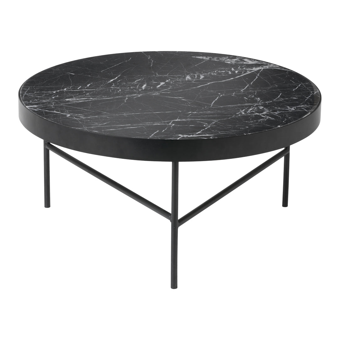 Round black marble coffee table with white veining and sleek black metal legs. Elegant and modern design.