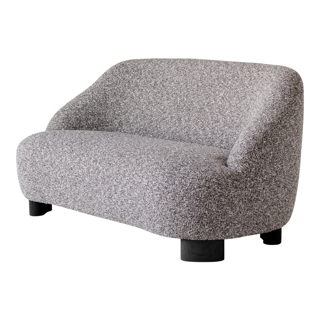 Gray textured fabric couch with a soft, rounded design and dark wooden legs, perfect for modern living spaces.