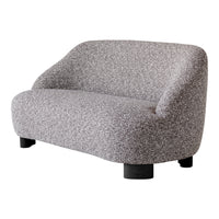 Gray textured fabric couch with a soft, rounded design and dark wooden legs, perfect for modern living spaces.