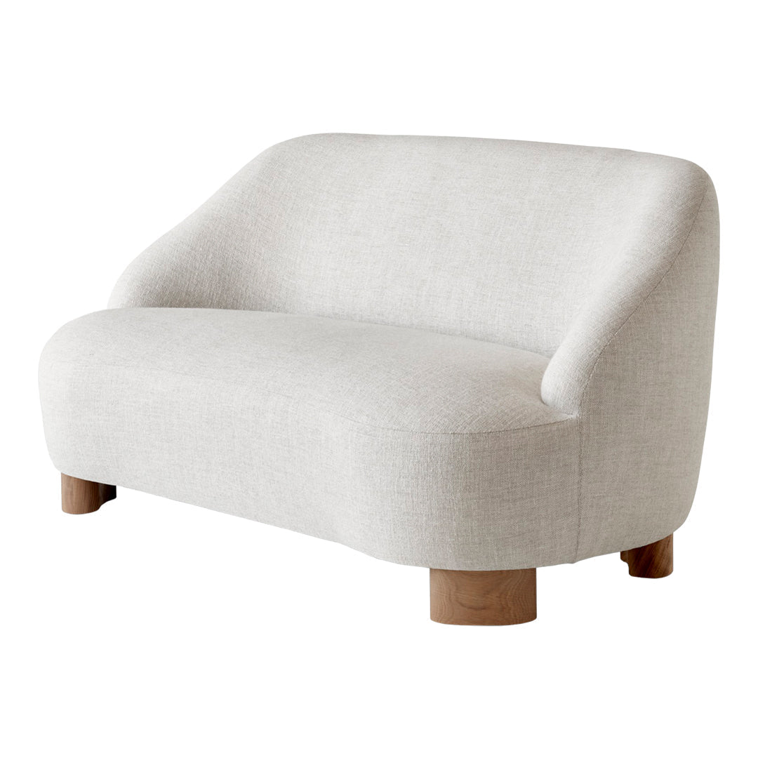 Light gray upholstered sofa with smooth, curved lines and natural wood legs. Minimalist design for modern decor.