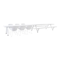 Long white dining table with white chairs, featuring a sleek minimalistic design and smooth surfaces.