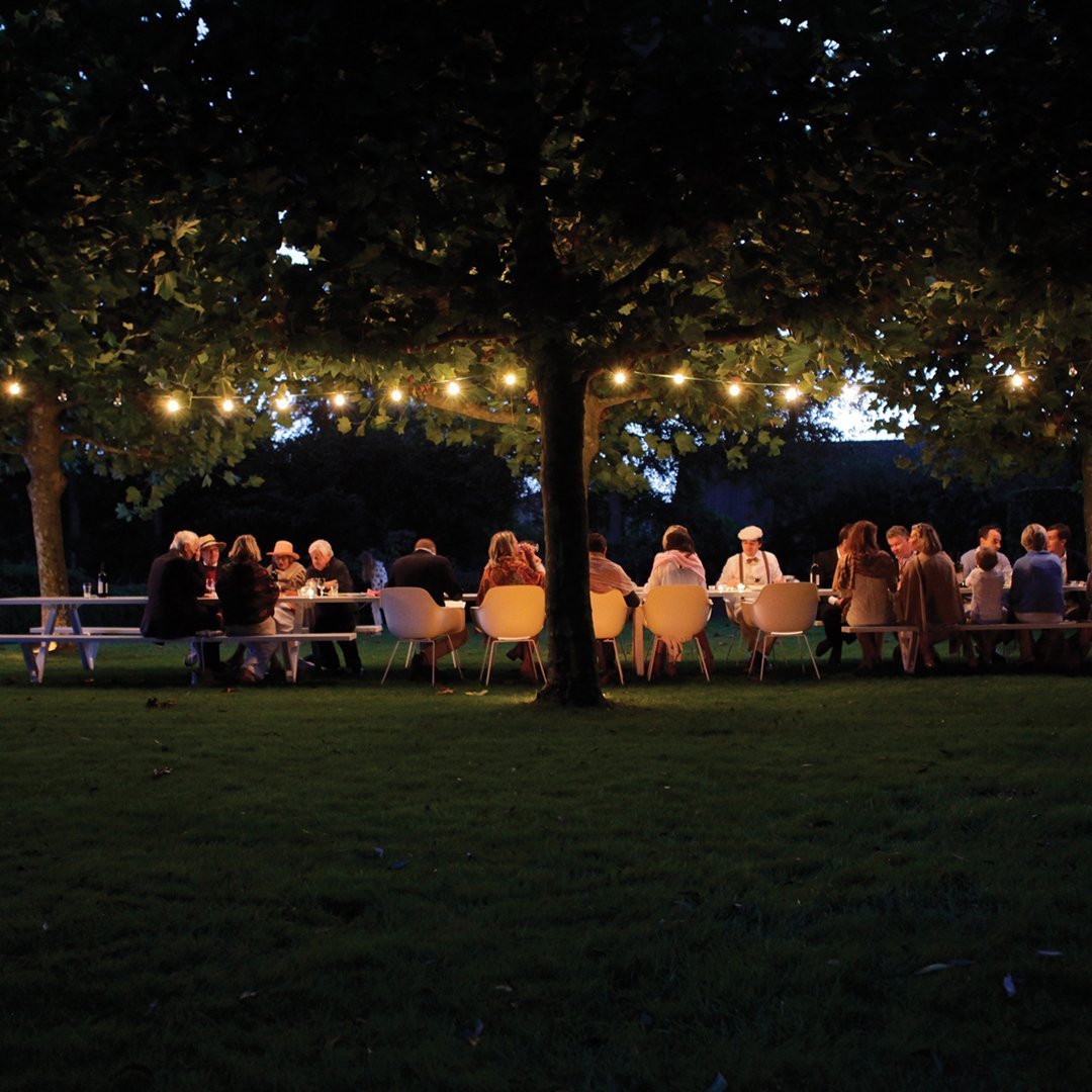 String lights illuminate a gathering under a tree, with warm hues and soft shadows creating an inviting evening atmosphere.