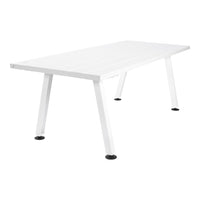 White outdoor table with a sleek, minimalist design and clean lines, featuring a smooth surface and sturdy legs.