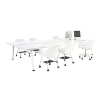 White contemporary office table with matching chairs, featuring sleek lines and a minimalist design.