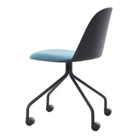 Stylish black chair with a soft blue seat, featuring a smooth, modern design and rolling casters.