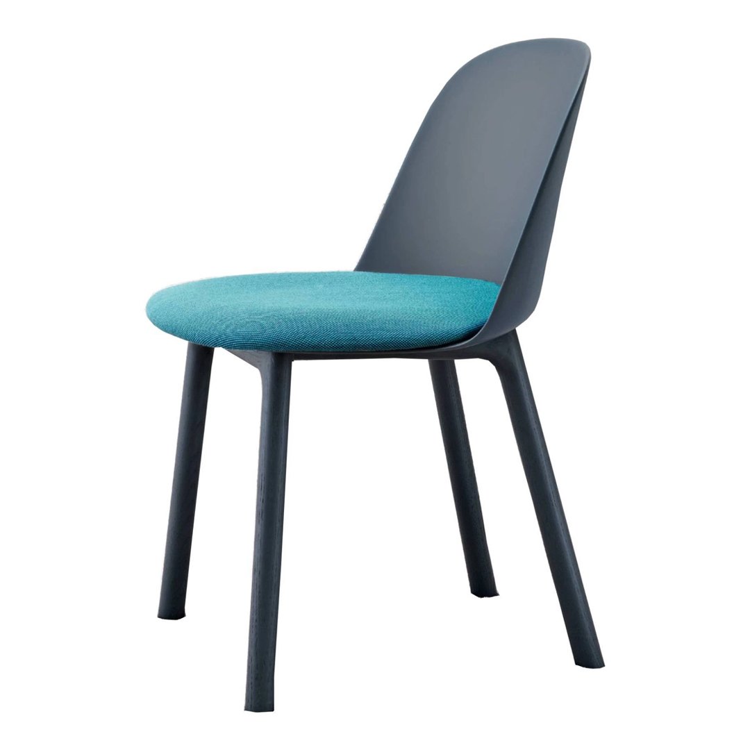 Stylish chair with a dark gray frame and a vibrant turquoise seat for a modern touch.
