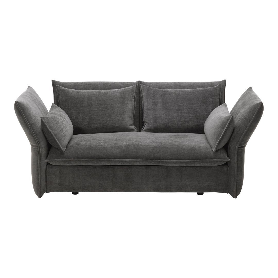Gray upholstered two-seater sofa with textured fabric and plush cushions, featuring a modern design.