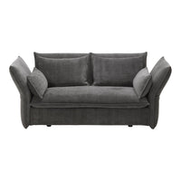 Gray upholstered two-seater sofa with textured fabric and plush cushions, featuring a modern design.