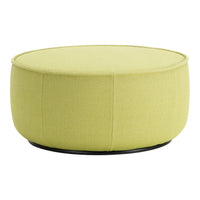 Round ottoman in vibrant lime green fabric with a smooth texture and minimalist design. Perfect for modern decor.