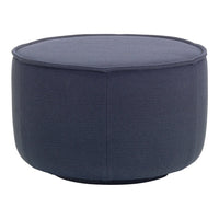 Dark navy blue round pouf with a smooth, textured fabric surface, perfect for modern decor.