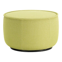Lime green round ottoman with a textured fabric finish and a black base, perfect for modern home decor.