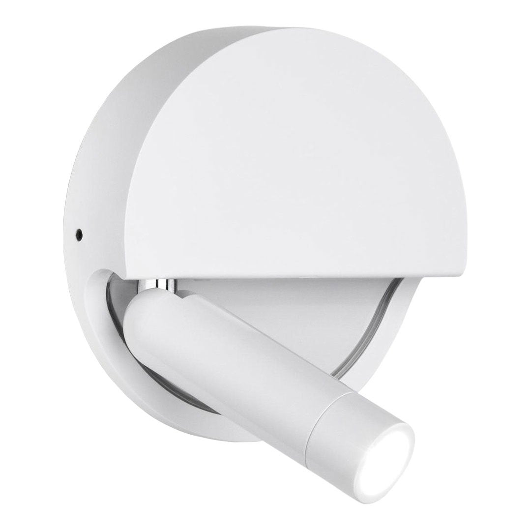 White wall-mounted light fixture with a circular base and cylindrical spotlight for modern decor.