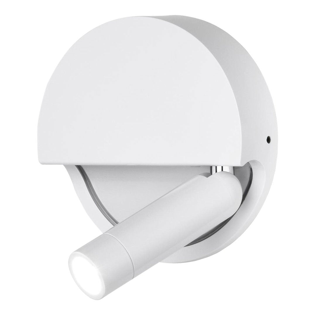White modern wall lamp with a round shape and sleek adjustable arm design. Perfect for minimalist decor.