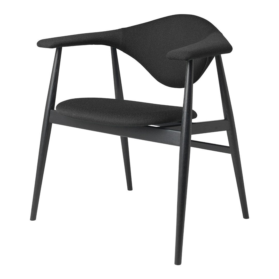 Black modern chair with sleek lines and a minimalist design, featuring a smooth matte finish and no visible patterns.