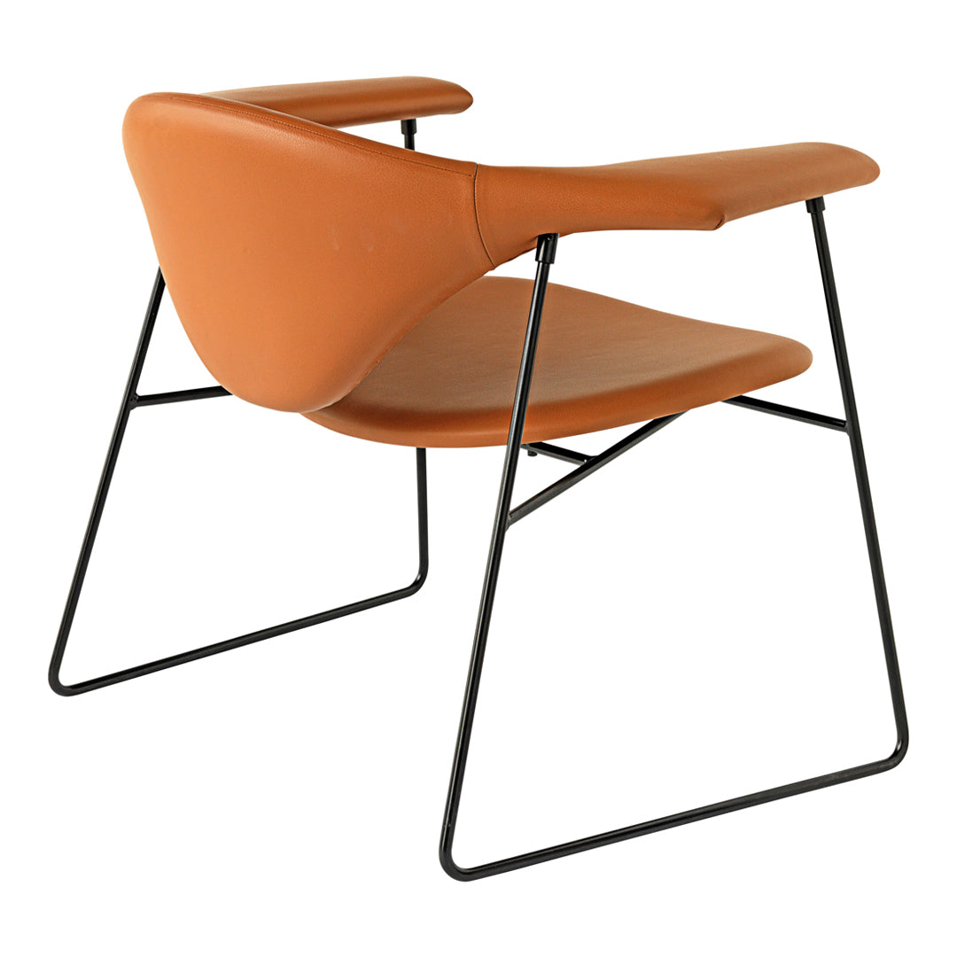 Stylish orange leather chair with modern black metal frame, featuring sleek, minimalist design.