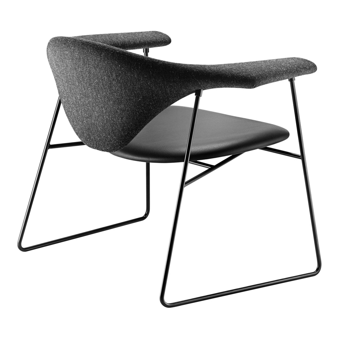 Modern black chair with a sleek, smooth seat and textured gray upholstery for a stylish and contemporary look.