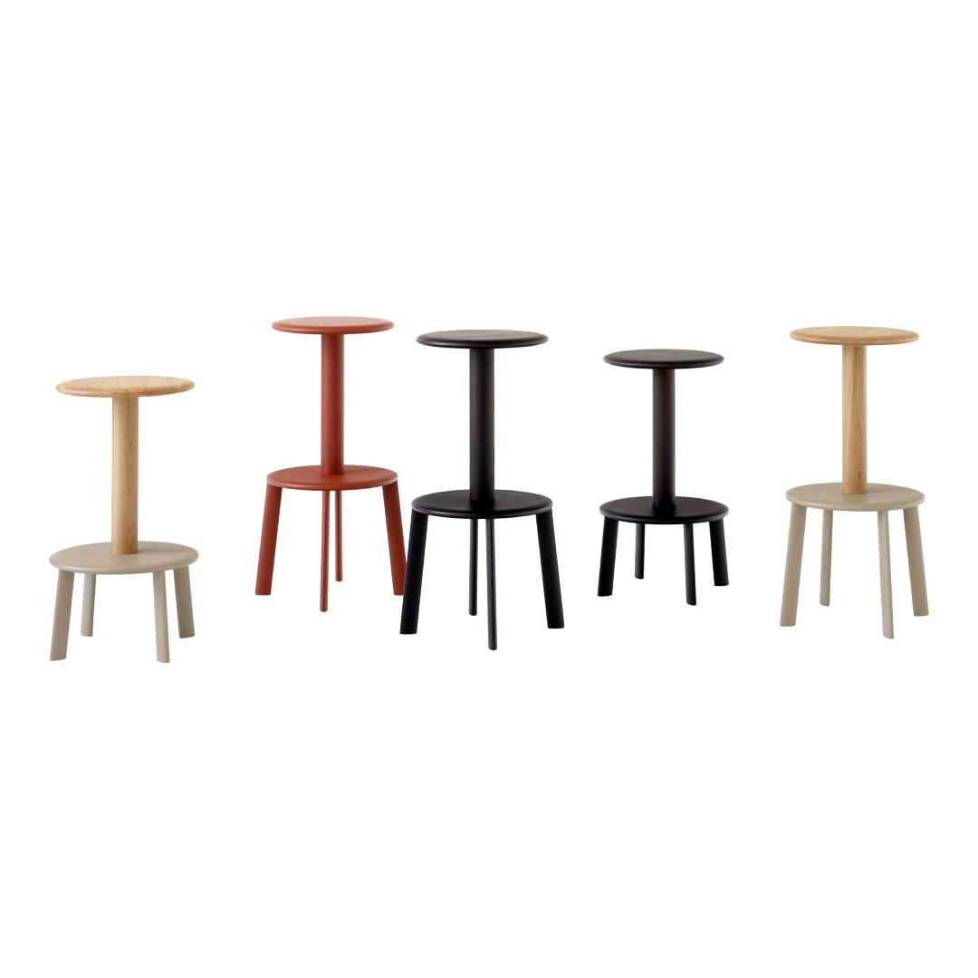 Five modern stools in natural wood, deep red, black, and light beige, showcasing sleek, minimalist designs.