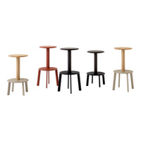 Five modern stools in natural wood, deep red, black, and light beige, showcasing sleek, minimalist designs.