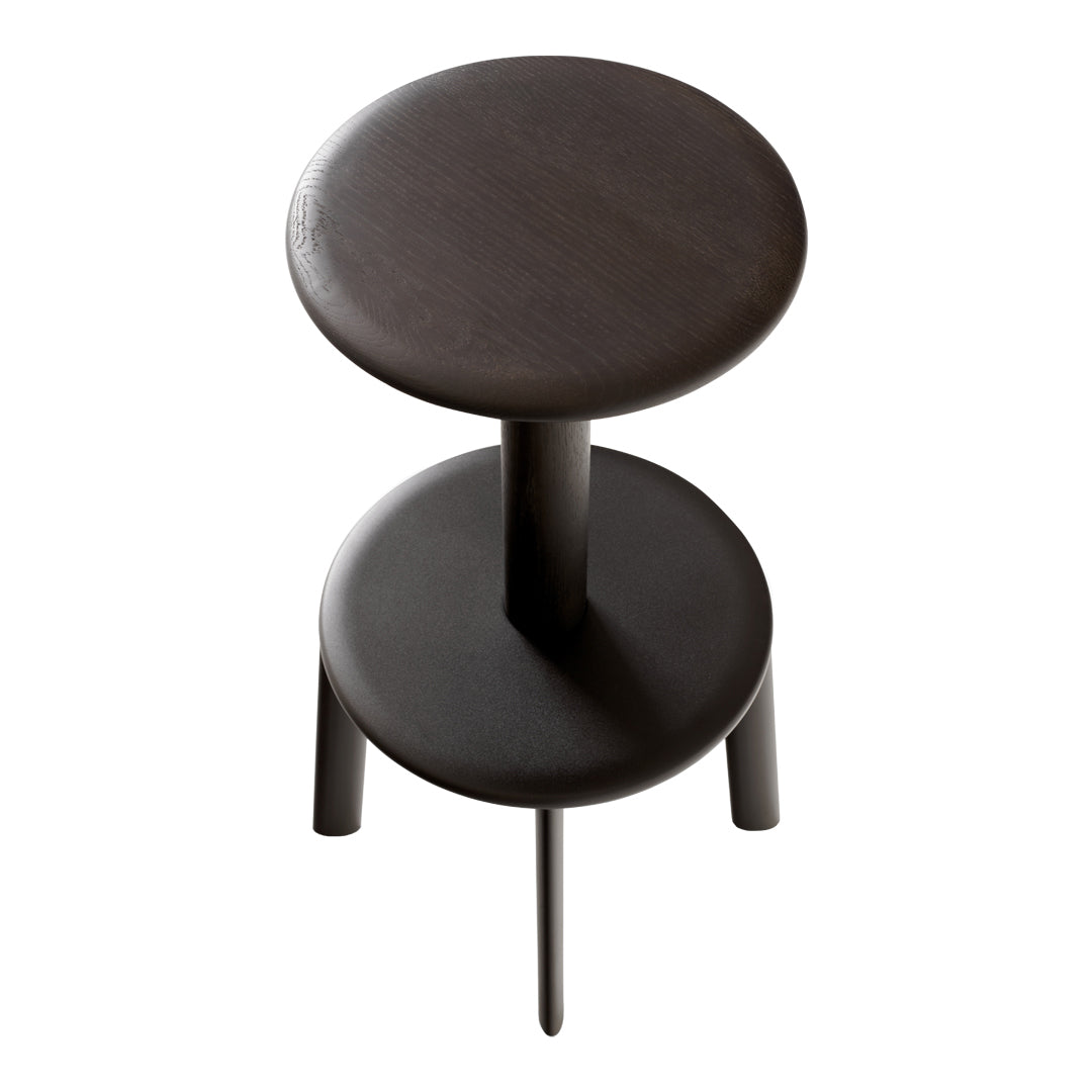 Black double-tiered stool with a sleek, minimalist design and smooth round surfaces. Perfect for modern decor.