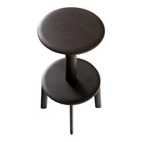 Black double-tiered stool with a sleek, minimalist design and smooth round surfaces. Perfect for modern decor.