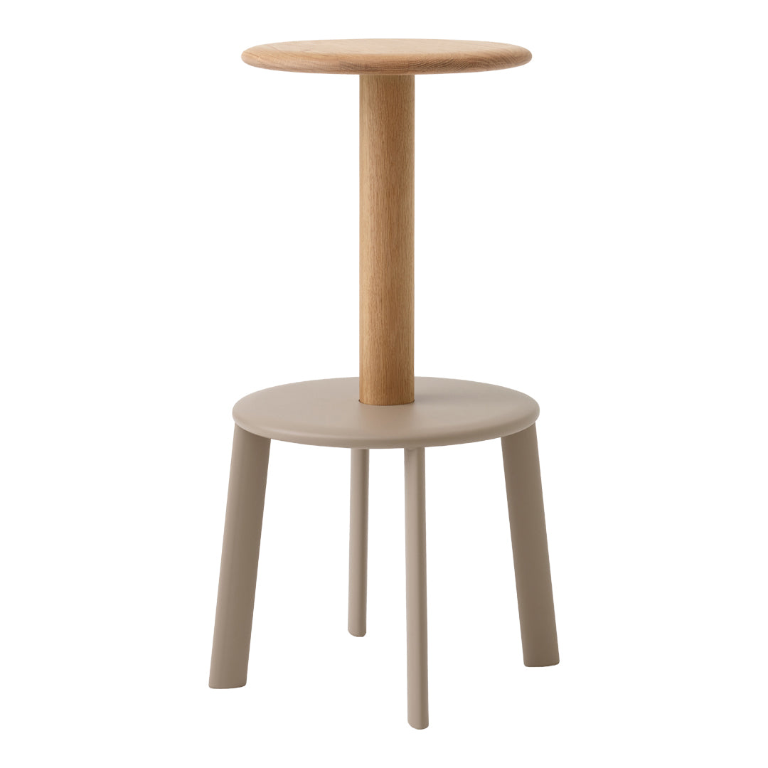 Two-tone stool featuring a natural wood top and a soft grey body with simple, modern lines.