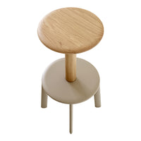 Light oak circular top with a beige base and slim legs, featuring a minimalist design and smooth finish.
