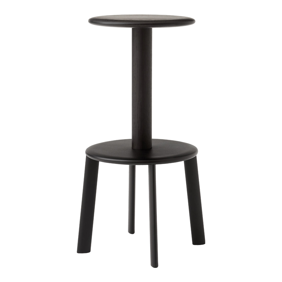Black wooden stool with a sleek, minimalist design featuring two circular surfaces and four sturdy legs.
