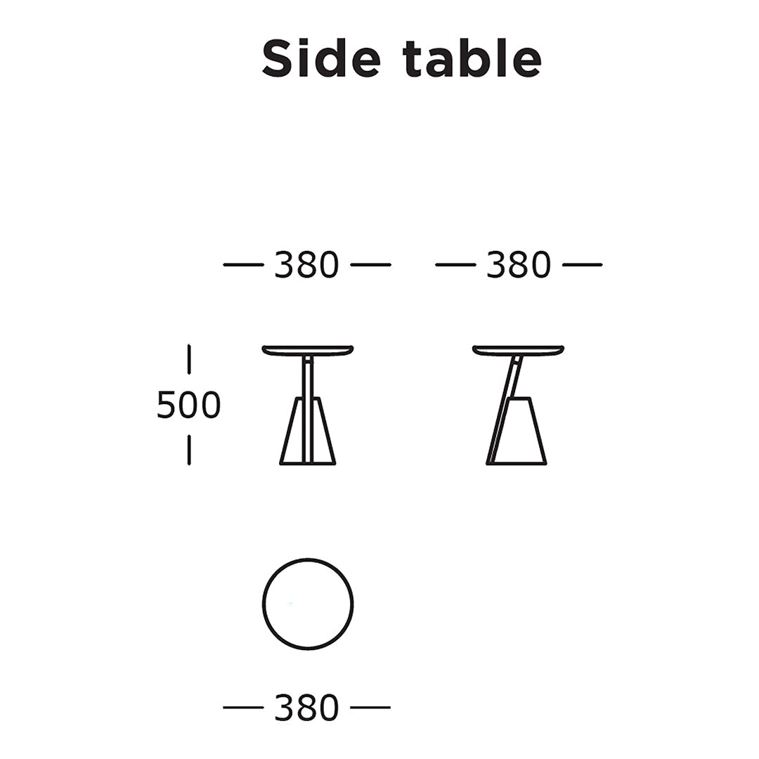 "Minimalist side table design in sleek monochrome colors with a circular top and sturdy triangular base."