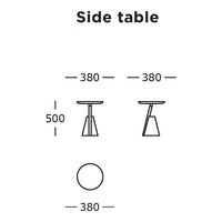 "Minimalist side table design in sleek monochrome colors with a circular top and sturdy triangular base."