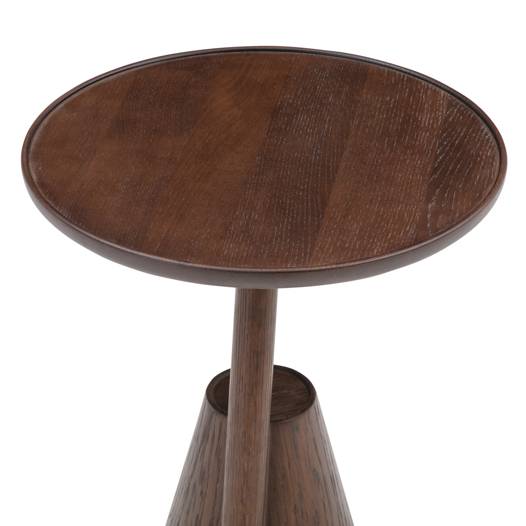"Round wooden side table with a rich brown finish and subtle wood grain pattern."