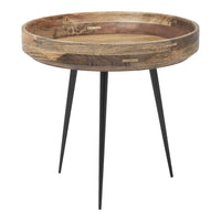 Wooden round tray table with natural wood grain and black metal legs, featuring a rustic finish.
