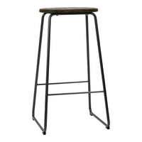 Black metal frame with a rustic wooden seat, featuring a smooth dark finish. Ideal for modern or industrial decor.