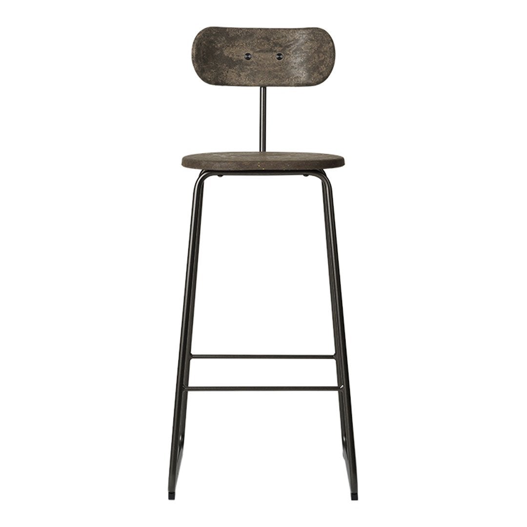 Rustic wooden bar stool with a dark wood finish and industrial black metal legs, featuring a simple, minimalist design.