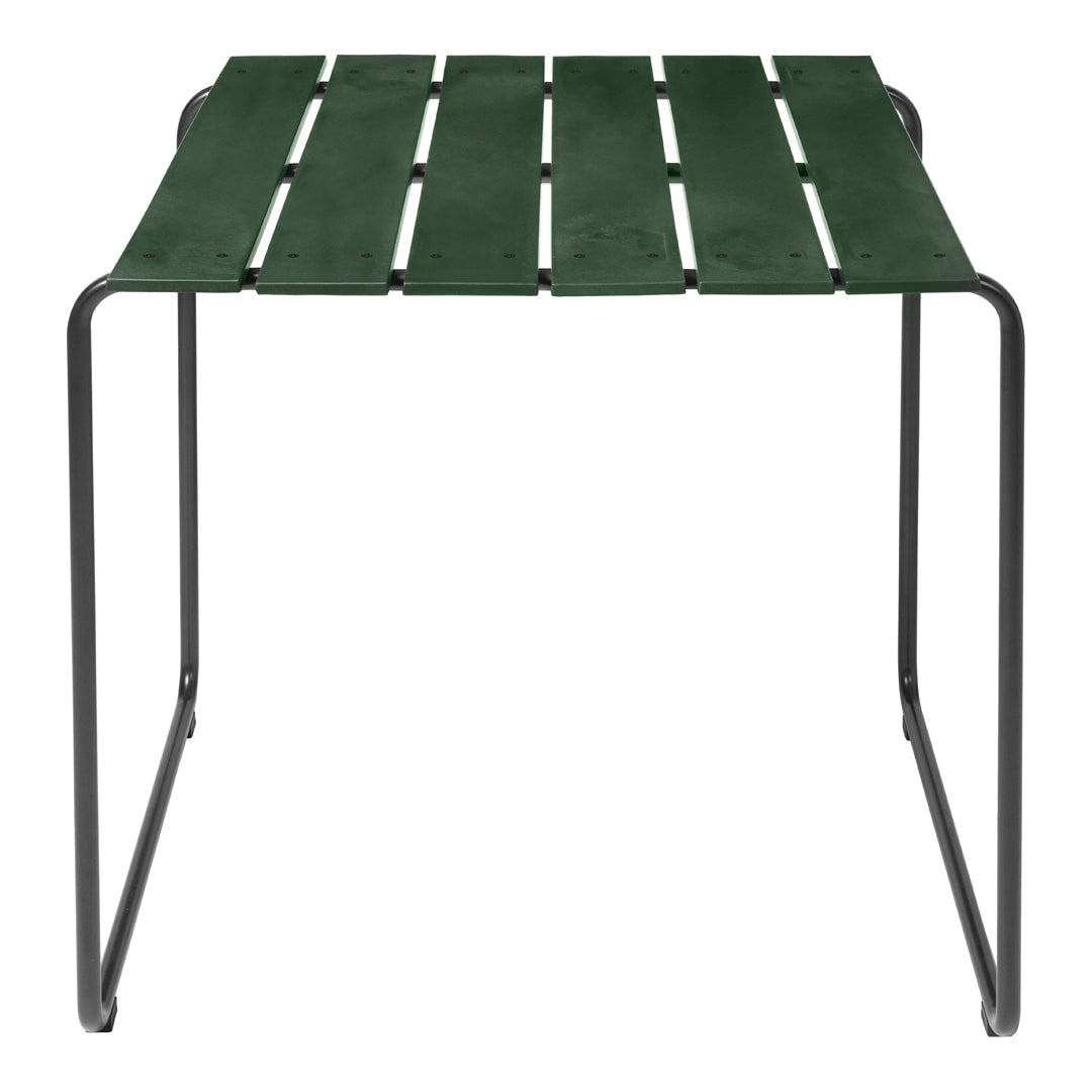 Green slatted top table with black metal frame, perfect for outdoor or indoor use.