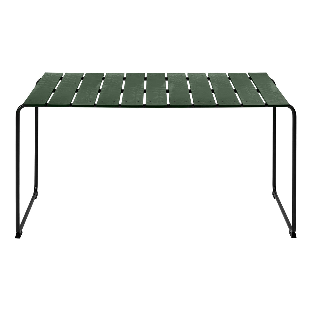Green slatted tabletop with black metal frame, perfect for modern outdoor or indoor decor.