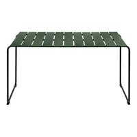 Green slatted tabletop with black metal frame, perfect for modern outdoor or indoor decor.
