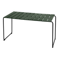 Green slatted tabletop with black metal frame, perfect for outdoor or indoor use, adding a modern touch.