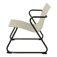 Cream-colored lounge chair with sleek black metal frame and minimalist striped design. Perfect for modern decor.