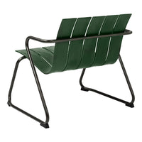 Modern green slat-back chair with a sleek black metal frame, perfect for contemporary decor.