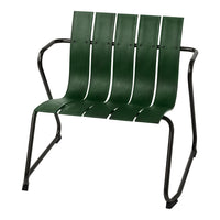Green slatted bench with a sleek black metal frame, featuring a modern and minimalist design.